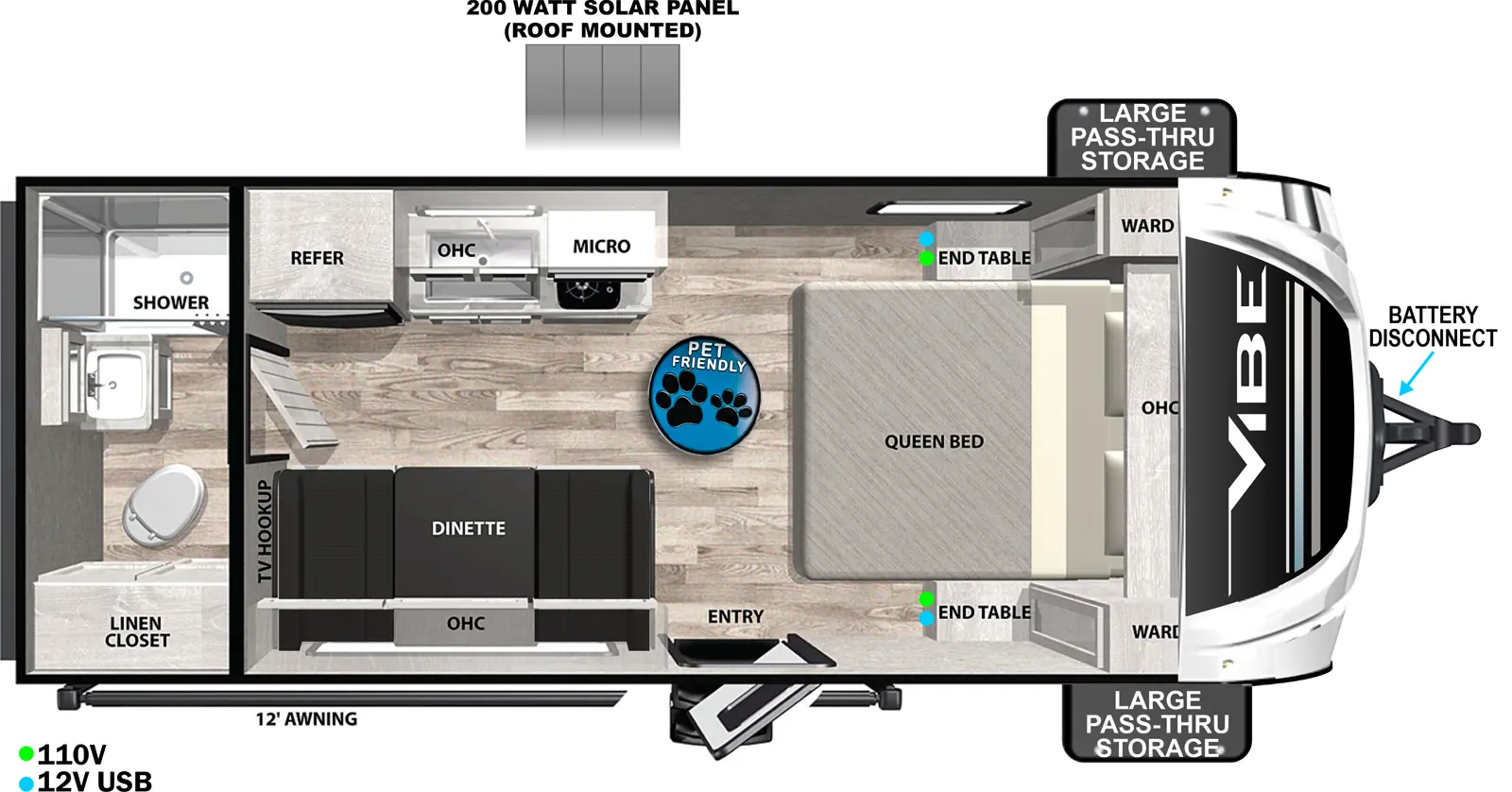 The 16RB has zero slideout and one entry. Exterior features battery disconnect, front pass-thru storage, 12 foot awning, and 200 watt roof-mounted solar panel. Interior layout front to back: foot-facing queen bed with overhead cabinet and wardrobe with end tables on each side; off-door side kitchen counter with cooktop and sink, overhead cabinet with microwave, and refrigerator; door side entry, dinette with overhead cabinet, and TV hookup along inner wall; rear full bathroom with linen closet. Pet Friendly RV.